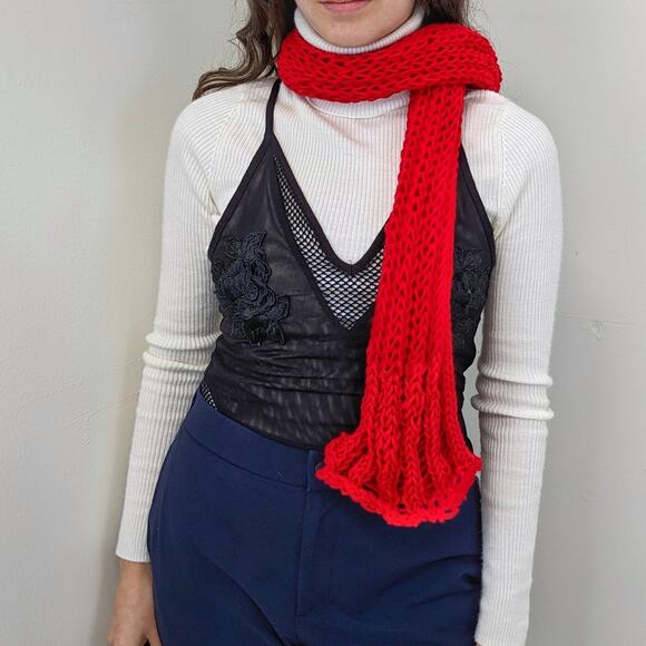 Handmade Knitted Ribbed  Red Scarf - Picture 1 of 4